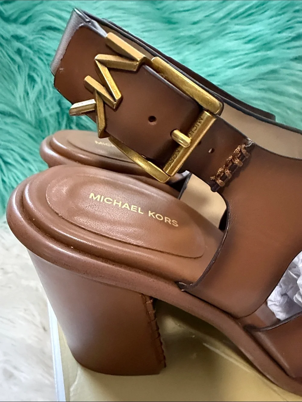NIB Michael Kors Brown Leather Cutout Block Heel Sandals Women’s size 7